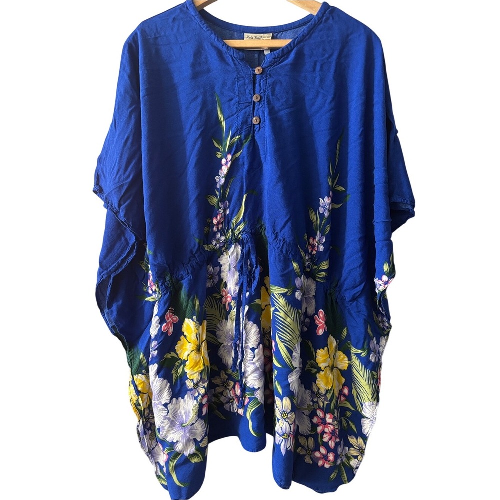 Hula Hula Hawaii Women's OS Royal Blue Floral Swim Cover Up Tunic Blouse Rayon